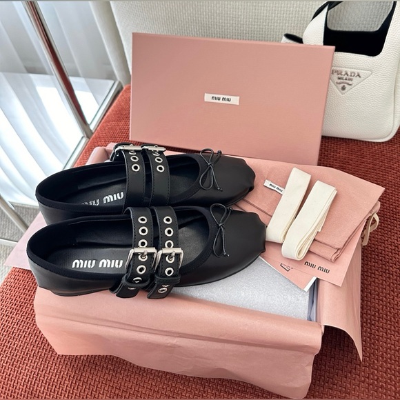Miu Miu Double Buckle Strap Leather Mary Jane Ballerina Flats - Picture 4 of 8